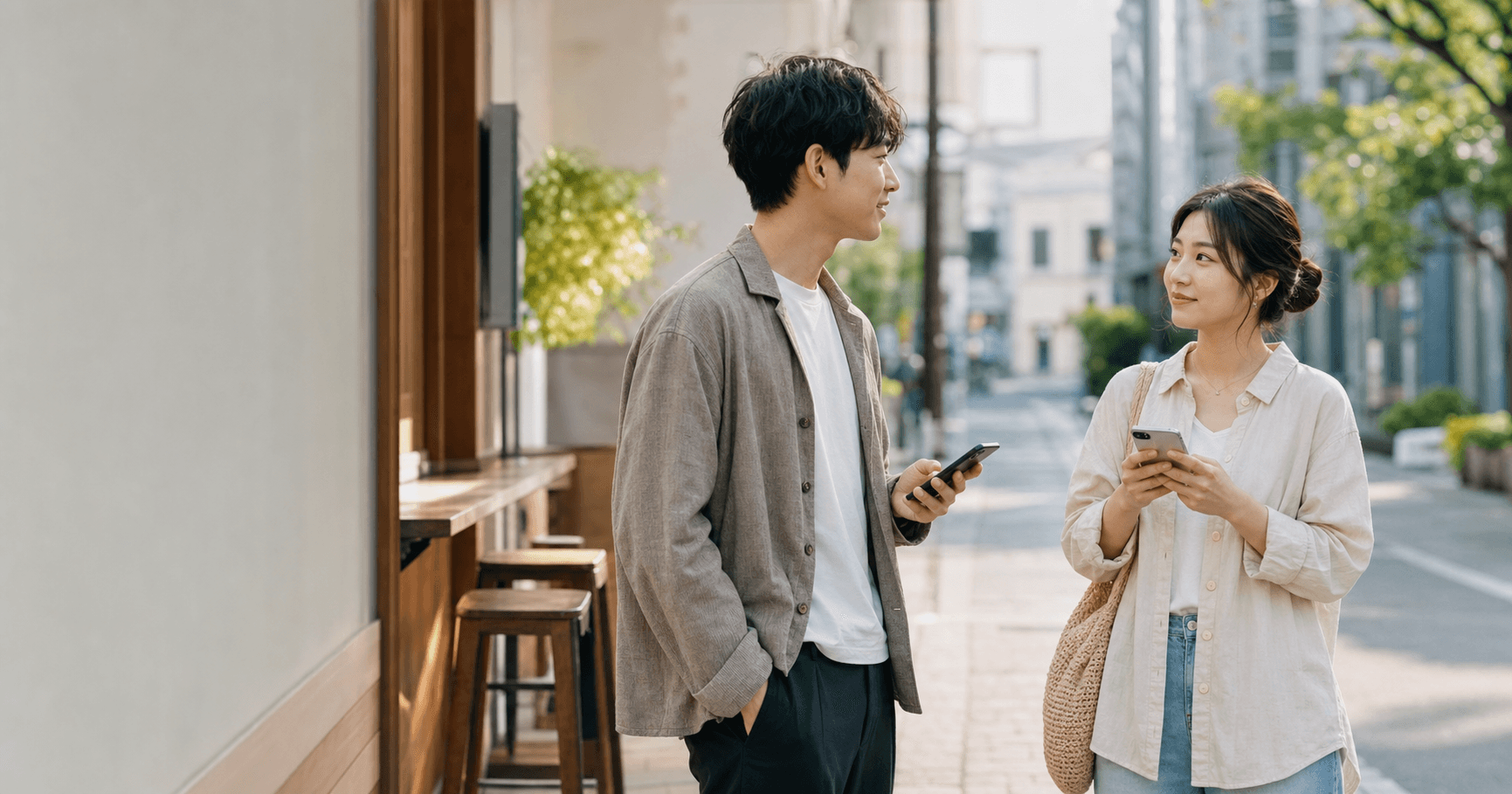 スマートフォンを手に、自然な距離で会話を始める20代の男女
